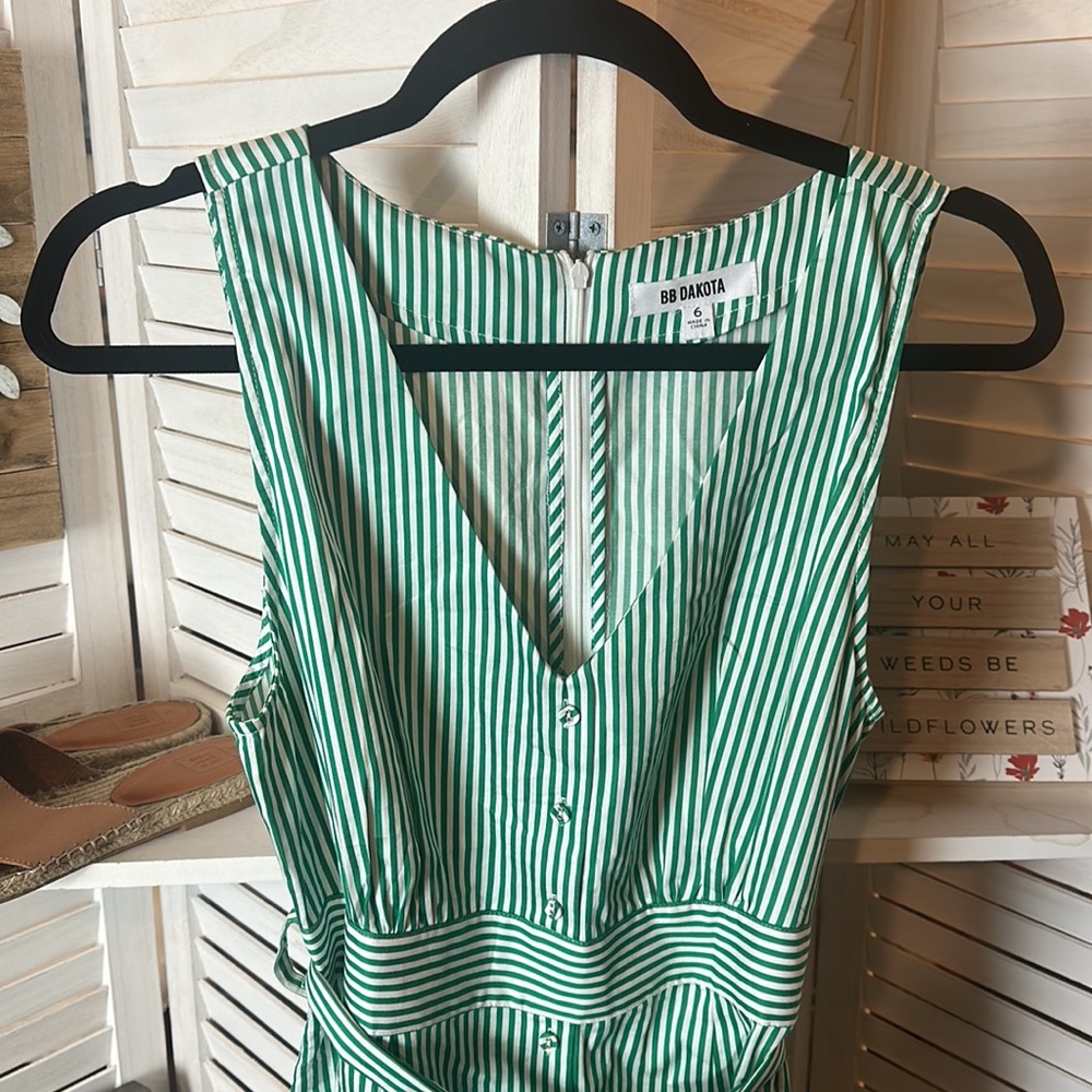 BB Dakota Green and White Striped V Neck Dress With Belt - Picture 3 of 7
